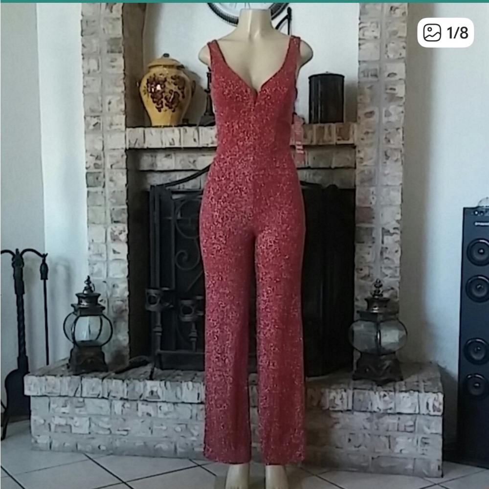 Crystal Doll Textured Red Jumpsuit New Years Holiday